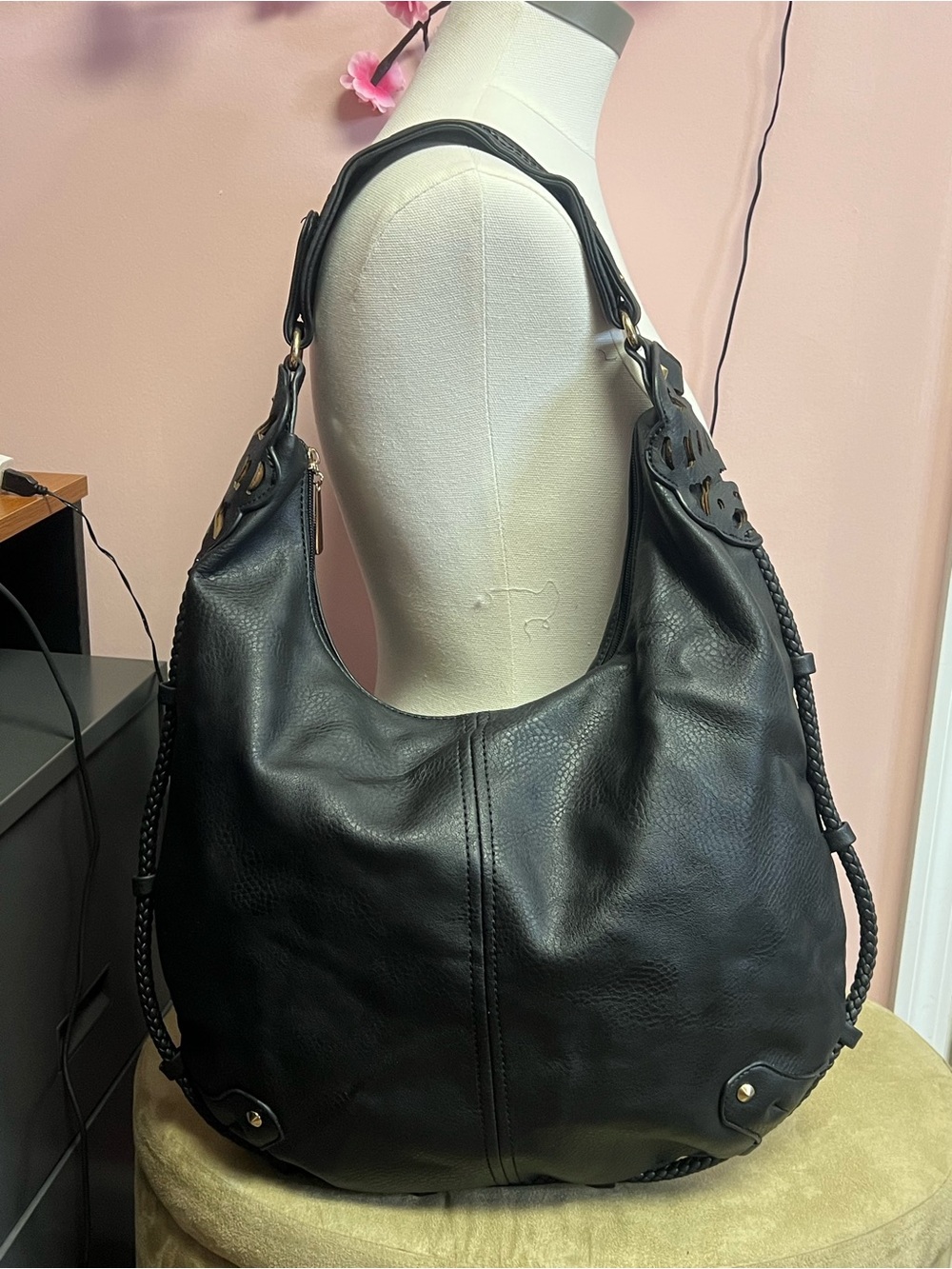 Black Leather Hobo Shoulder Bag